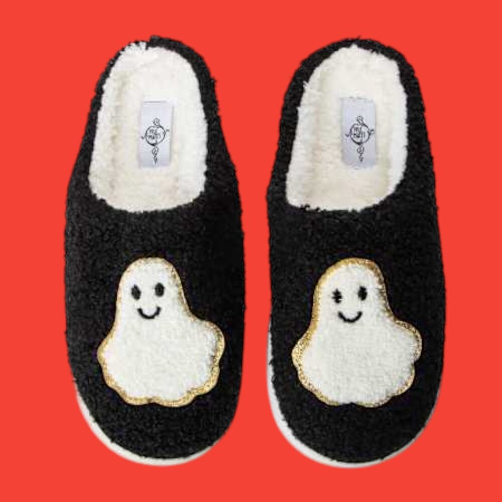 Women’s Halloween Black Slippers Size 7 | Cozy Ghost House Shoes – Brand New
